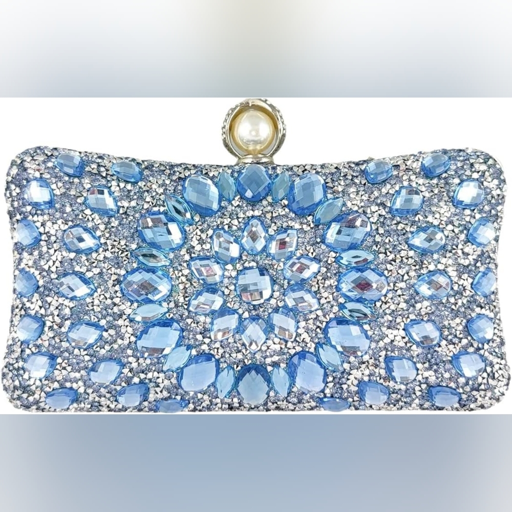 Elegant Light Blue Rhinestone Bejeweled Purse